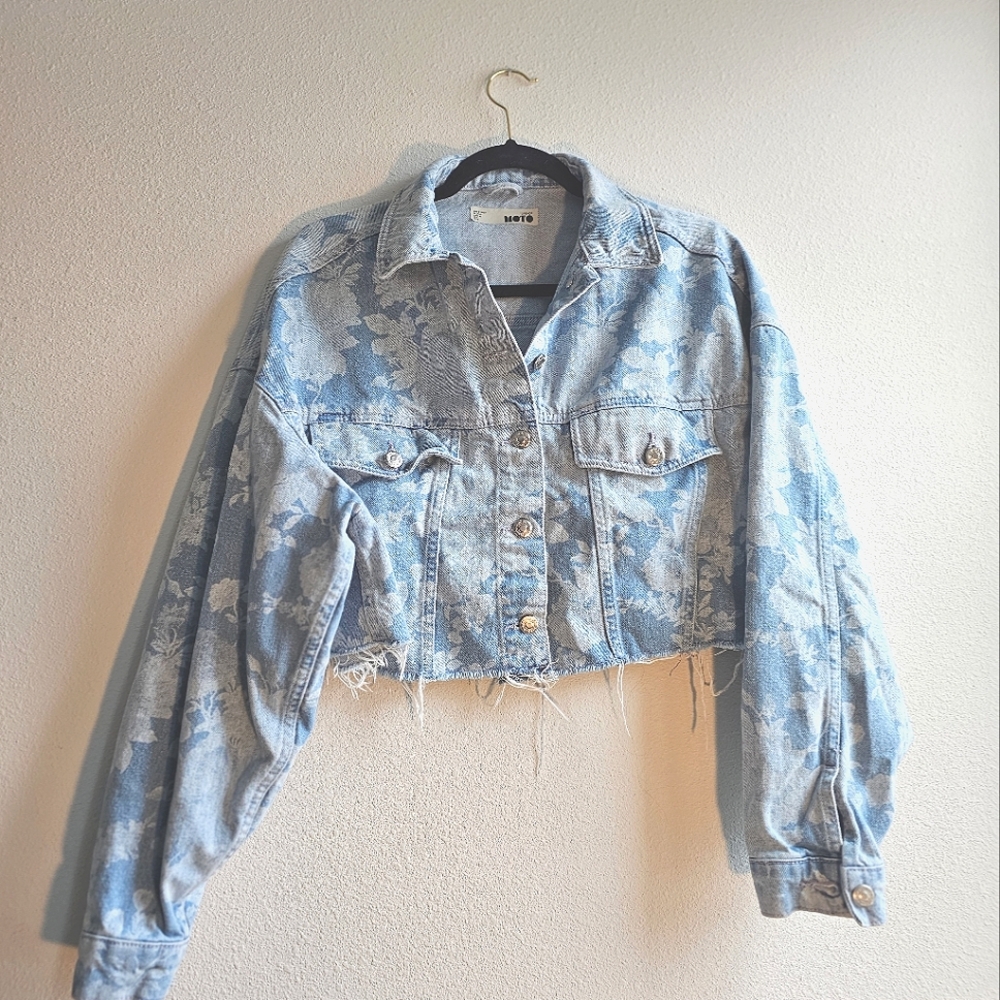 Top Shop Floral Crop Denim Jacket size L/XL